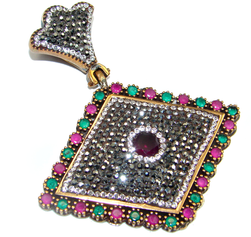 Huge Perfect created Red Ruby & White Topaz Sterling Silver Pendant