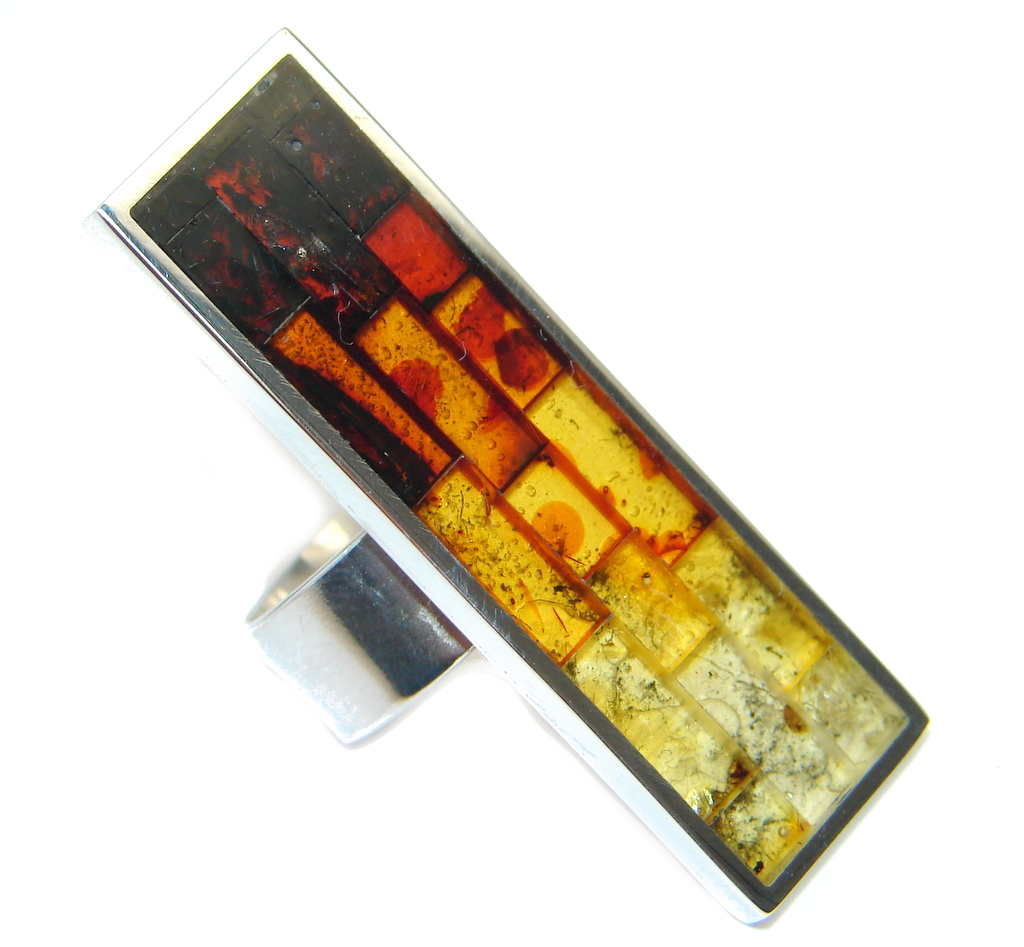 Big Mosaic Brown Polish Amber Sterling Silver 100% handmade Ring s. 6