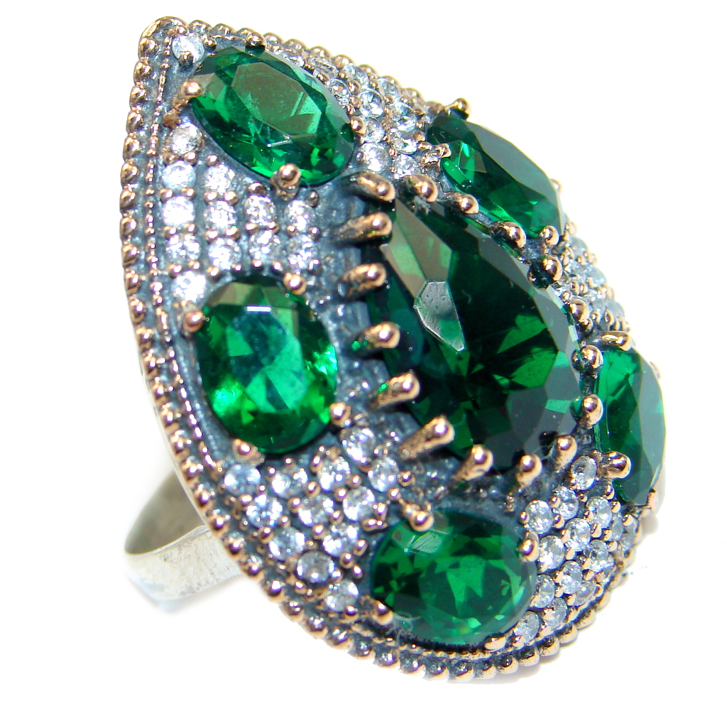 Victorian Style created Emerald & White Topaz Copper over Sterling Silver ring; s. 8 1/4