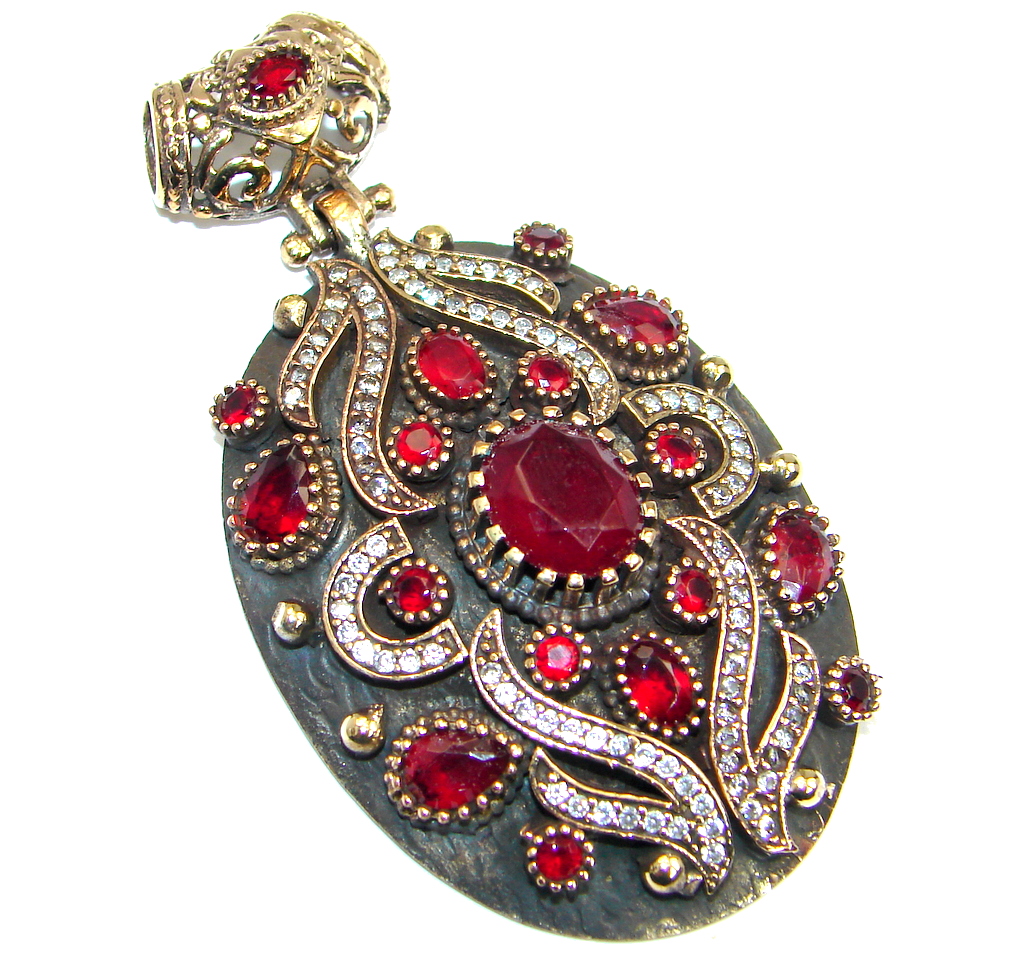 Huge Perfect created Red Ruby & White Topaz Sterling Silver Pendant