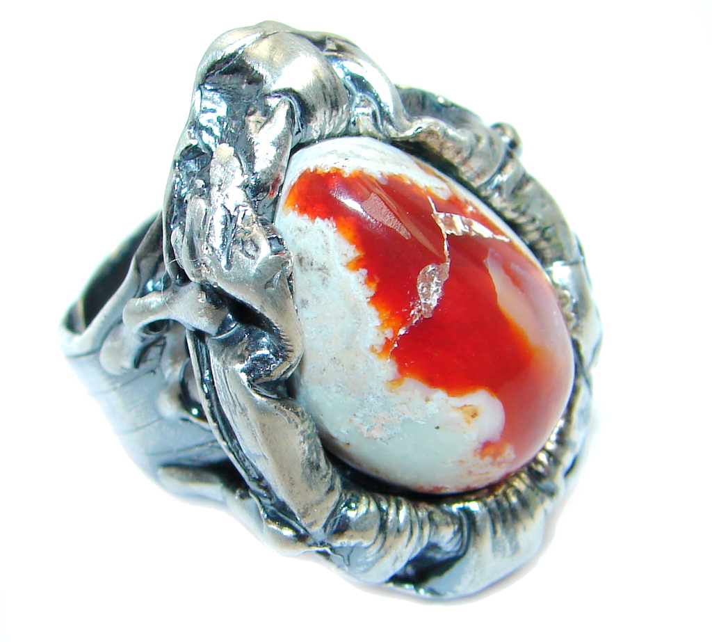 AAA+ Mexican Fire Opal Oxidized Sterling Silver Ring size adjustable