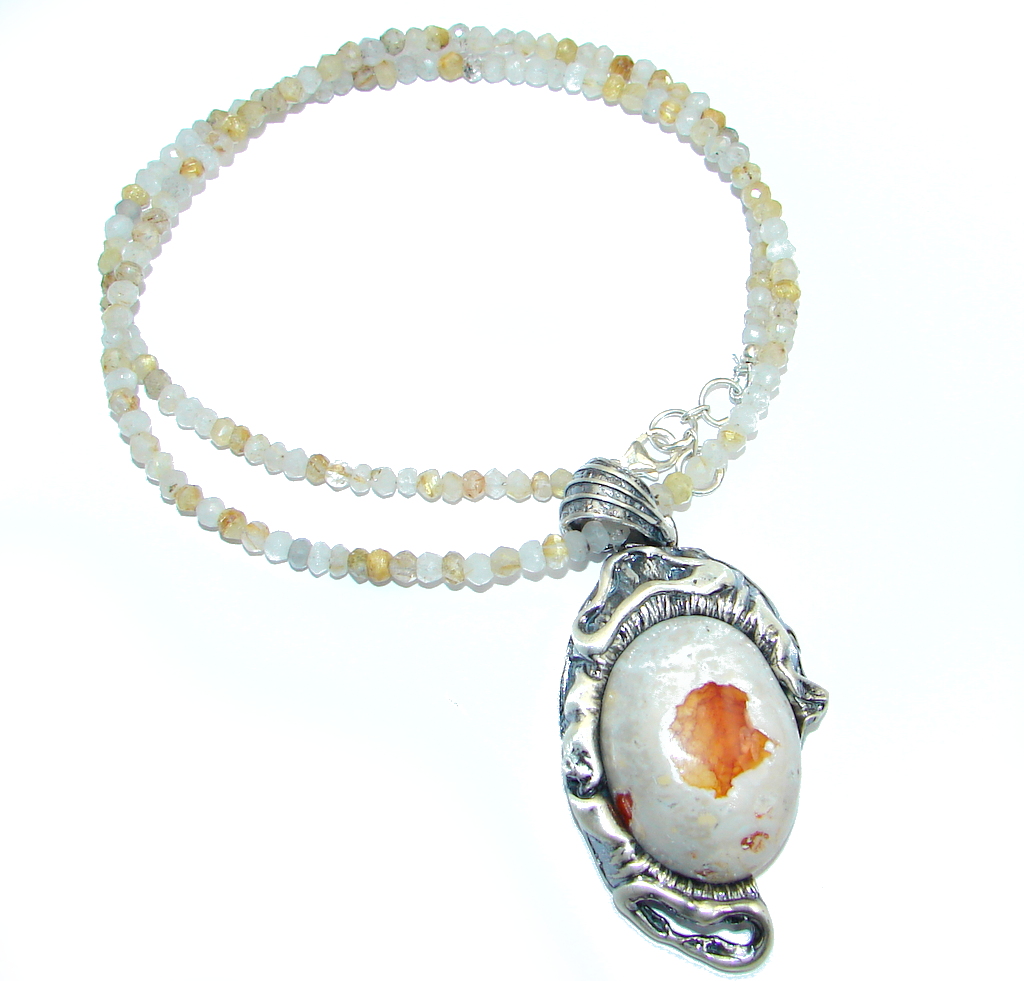 Great Mexican Fire Opal Golden Rutilated Quartz Sterling Silver handmade Necklace