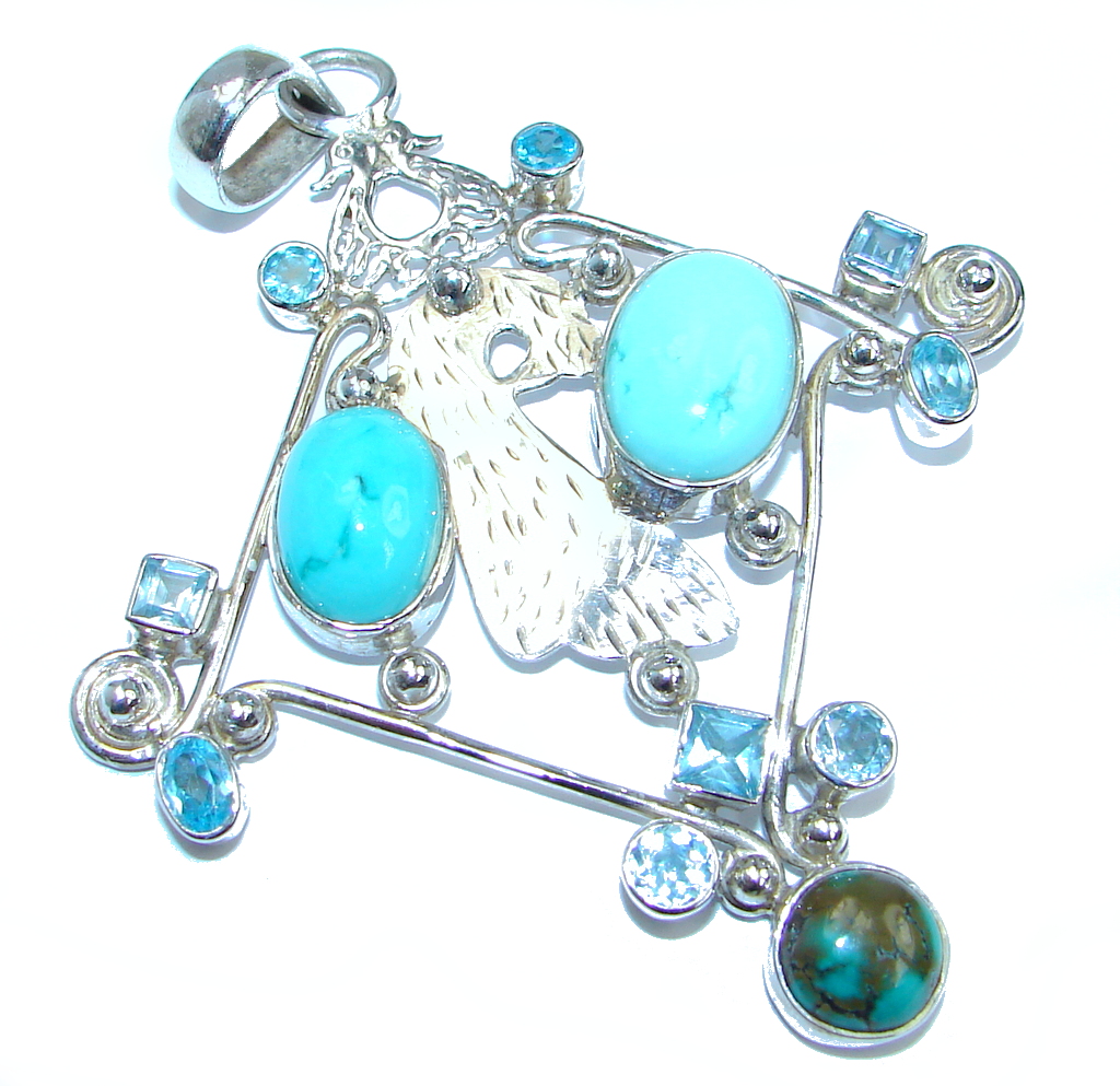 Huge Blue Turquoise Blue Topaz Sterling Silver handmade Pendant