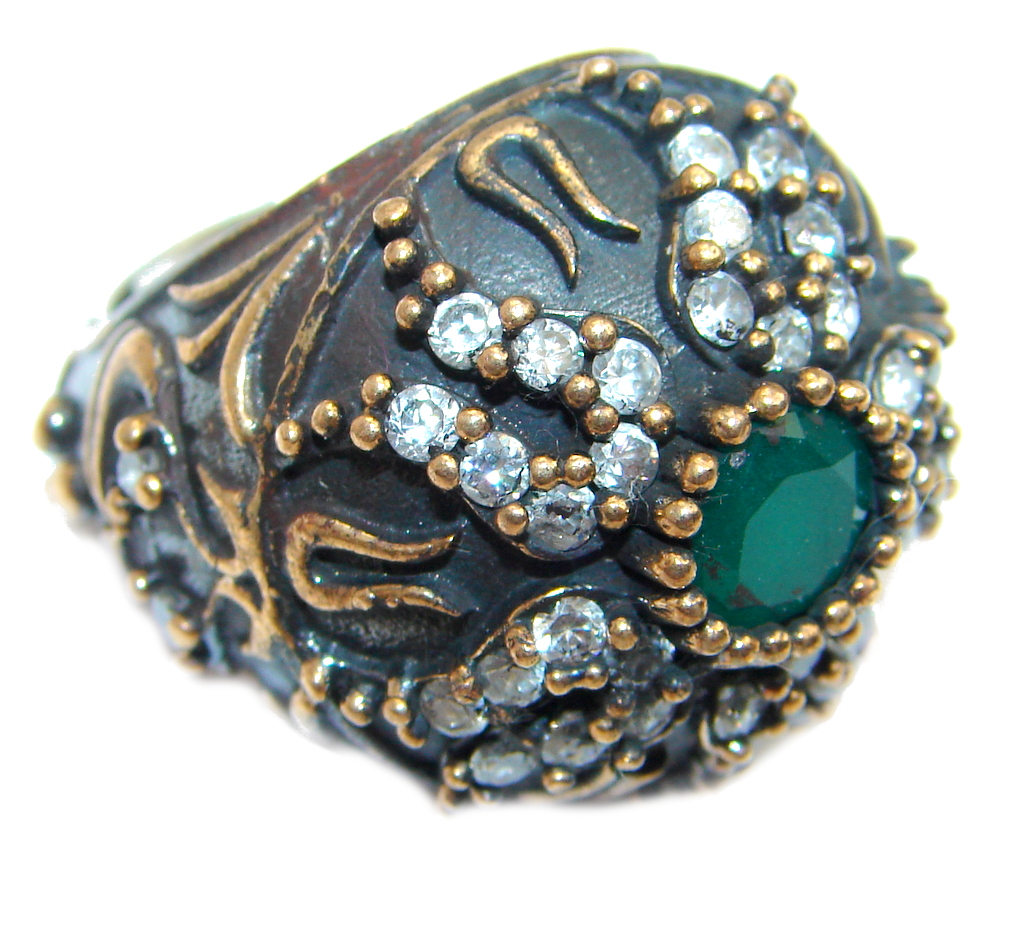 Victorian Style created Emerald & White Topaz Copper over Sterling Silver ring; s. 6 1/4