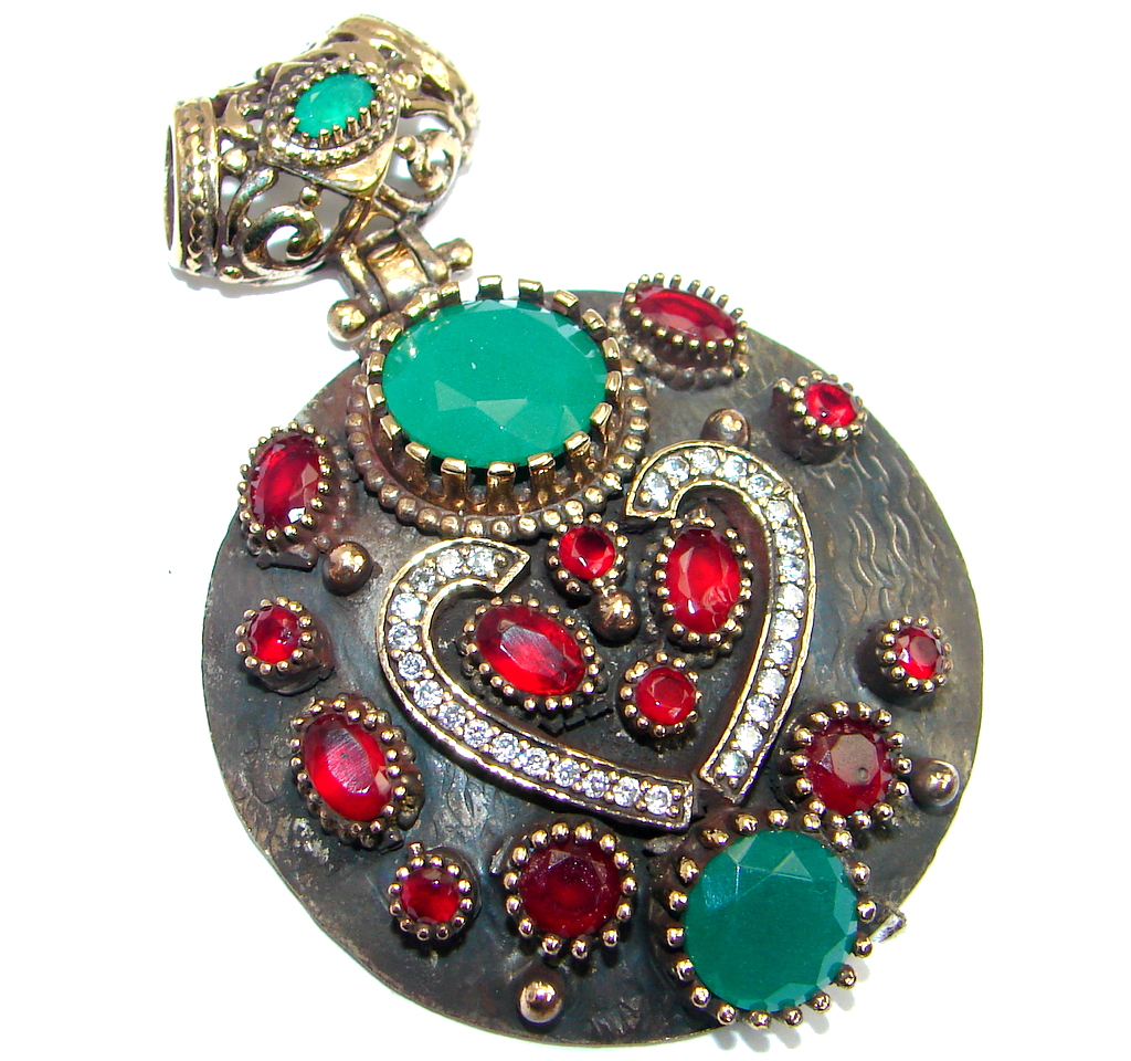 Huge Perfect created Red Ruby & White Topaz Sterling Silver Pendant