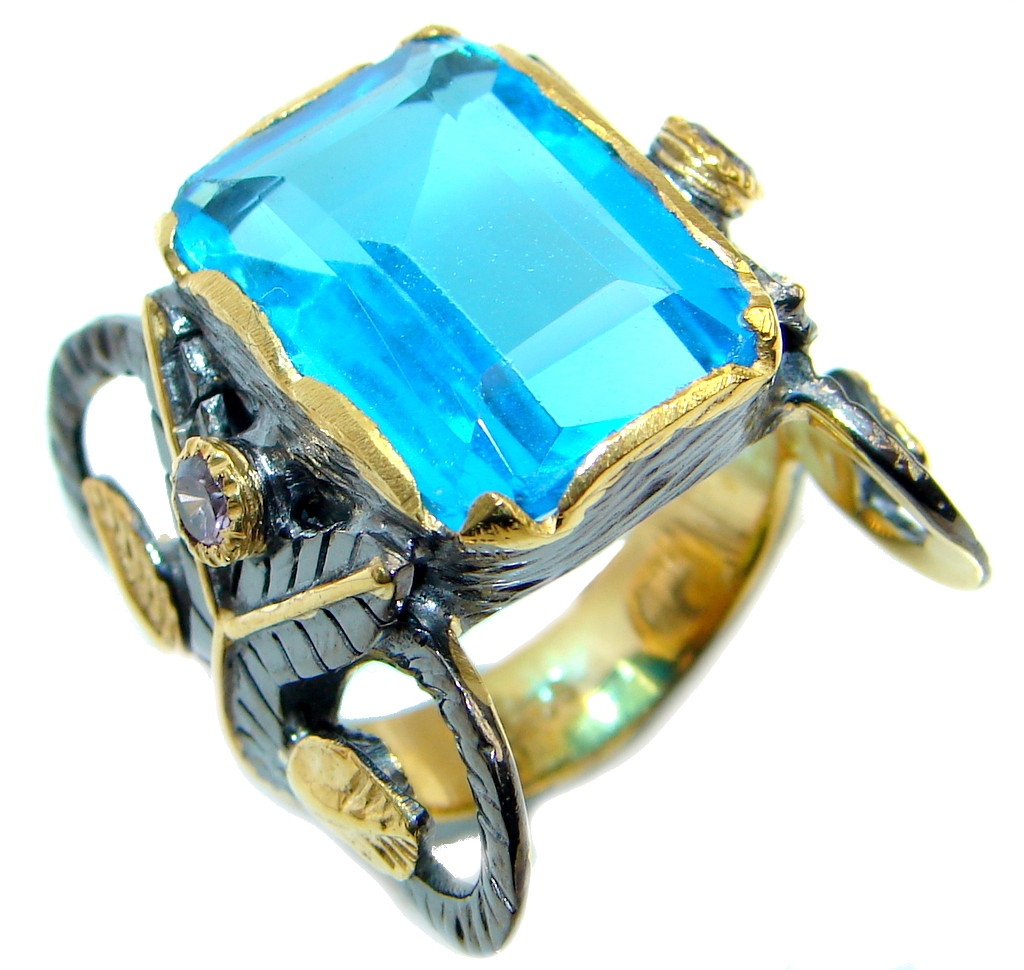 Big created Blue Topaz Gold Rhodium over Sterling Silver Ring s. 8