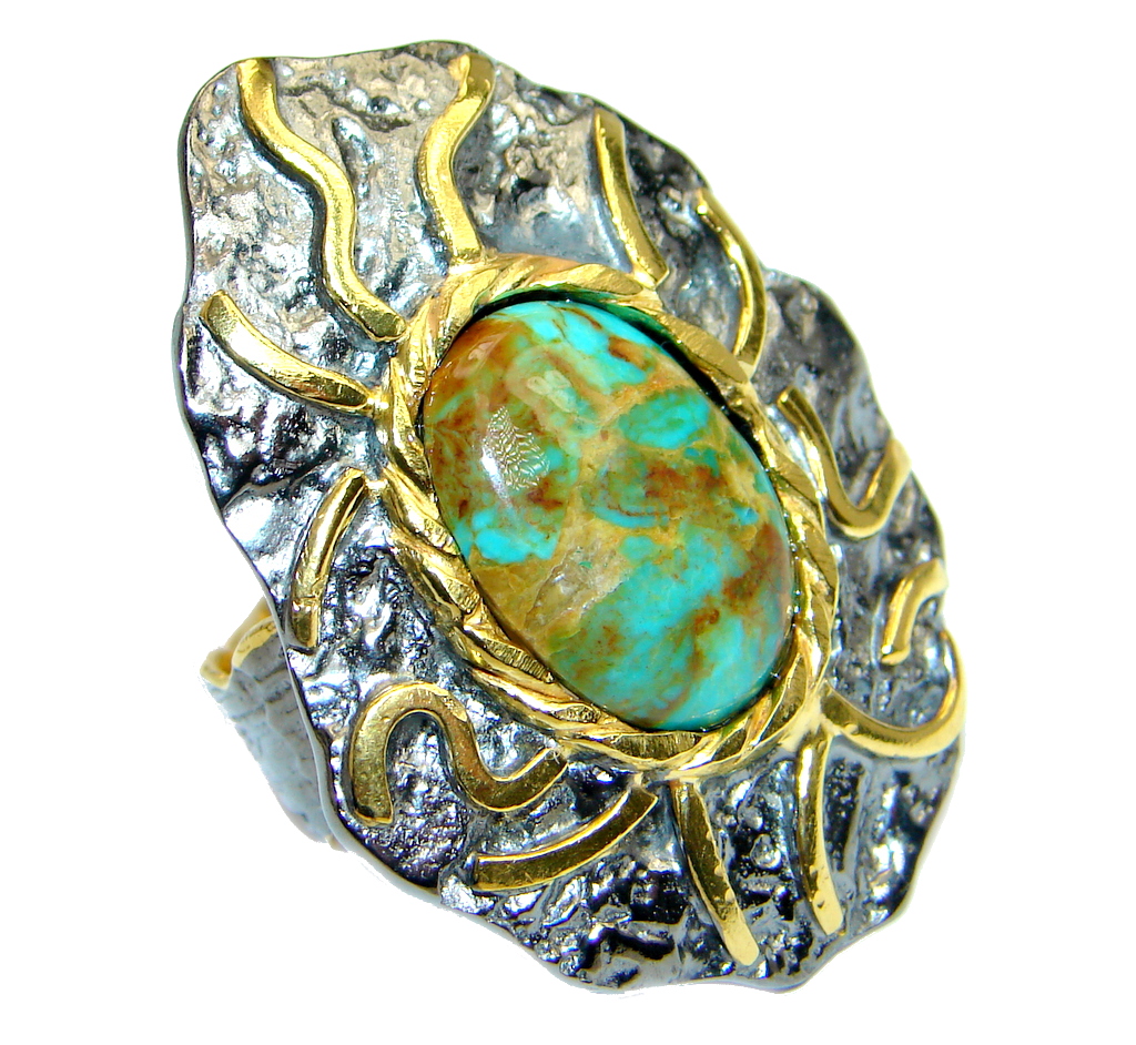 Huge Corrico Lake Turquoise Gold Rhodium plated over Sterling Silver handmade Ring size 9