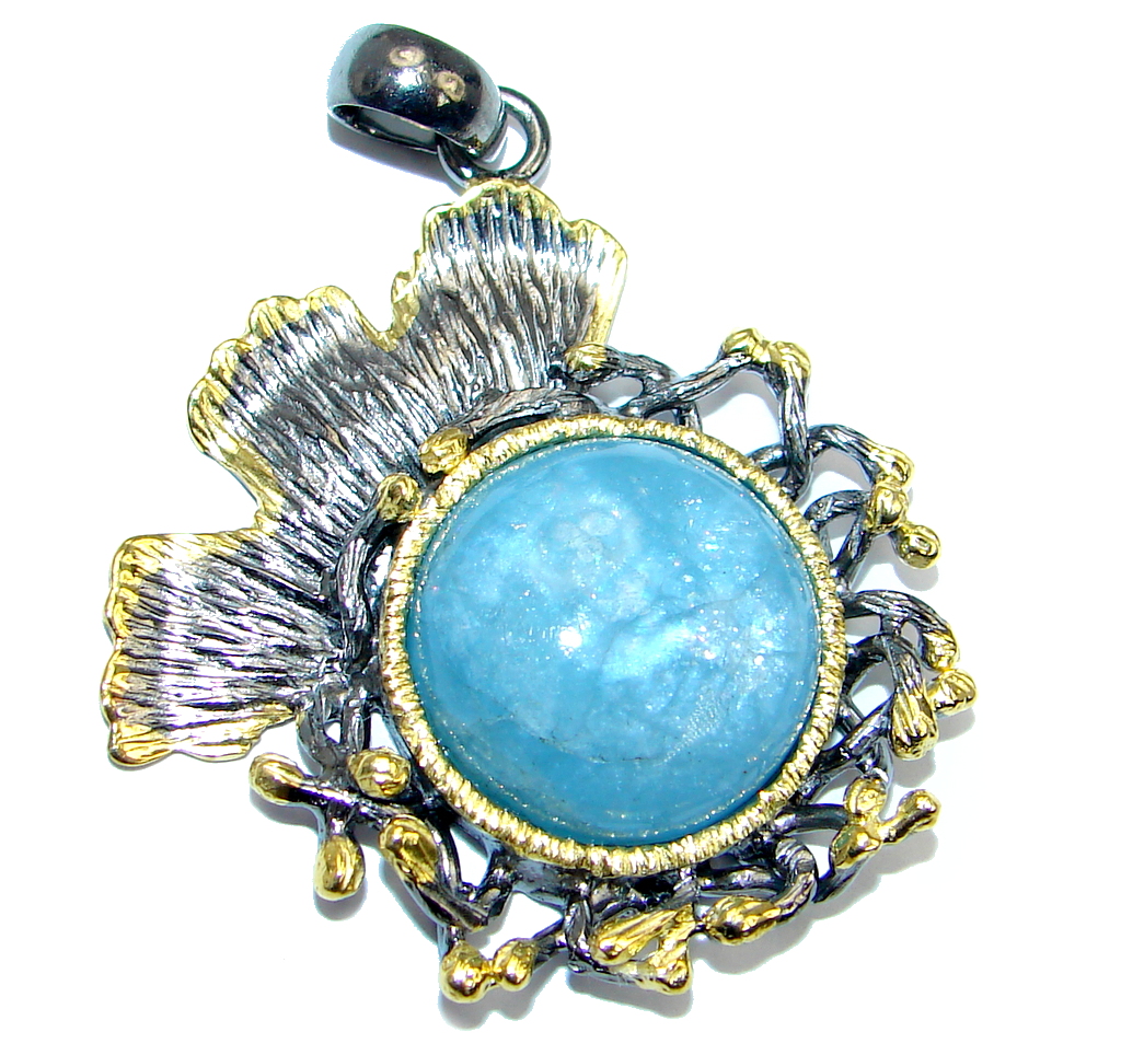 Genuine Blue Aquamarine Gold Rhodium plated over Sterling Silver Pendant