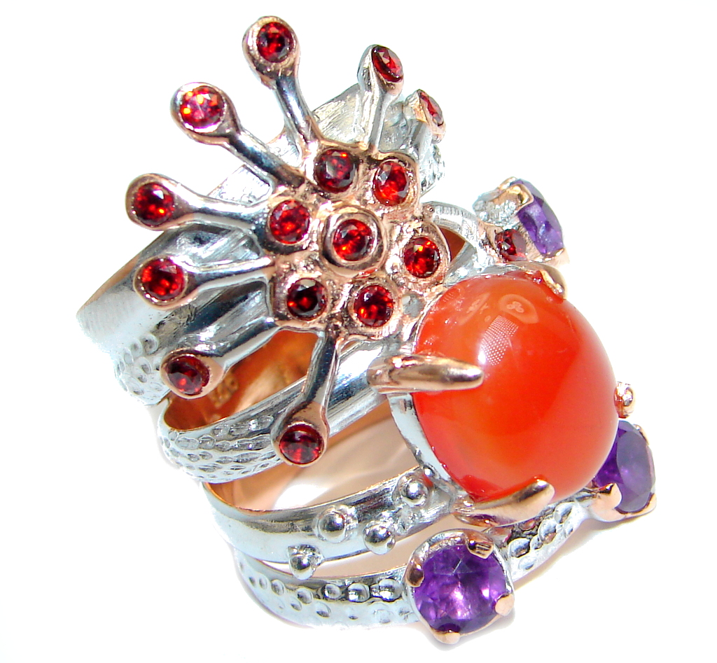 Huge Genuine Amethyst Garnet Carnelian Rose Gold plated over Sterling Silver Ring 8 1/2