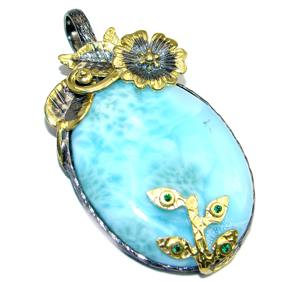 Genuine Blue Larimar Emerald Gold plated over Sterling Silver handmade Pendant