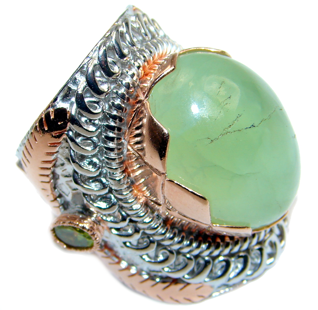 Large Moss Prehnite Peridot Rose Gold plated over Sterling Silver ring; s. 6