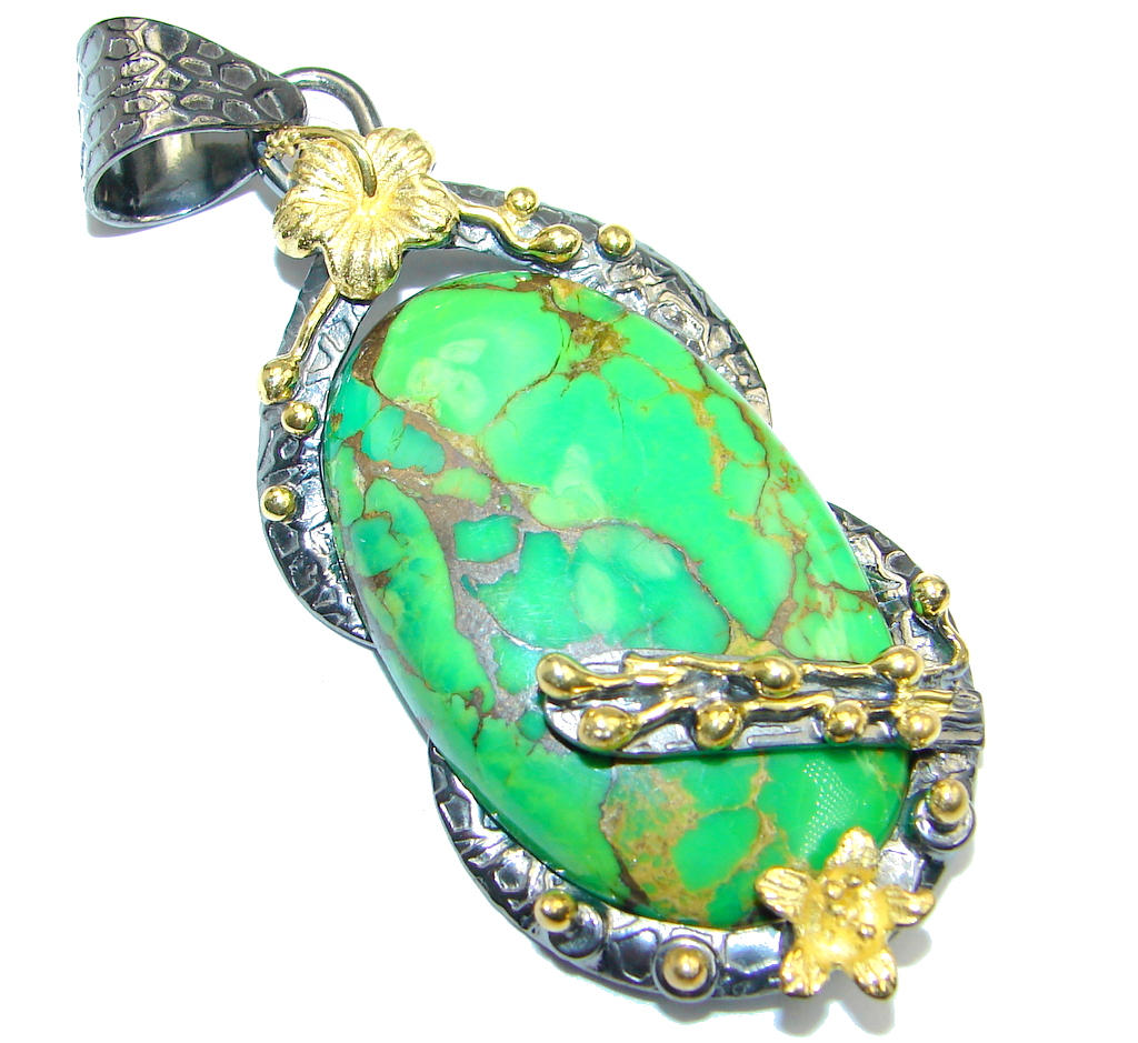 Green Turquoise Copper vains Gold Rhodium plated over Sterling Silver Pendant