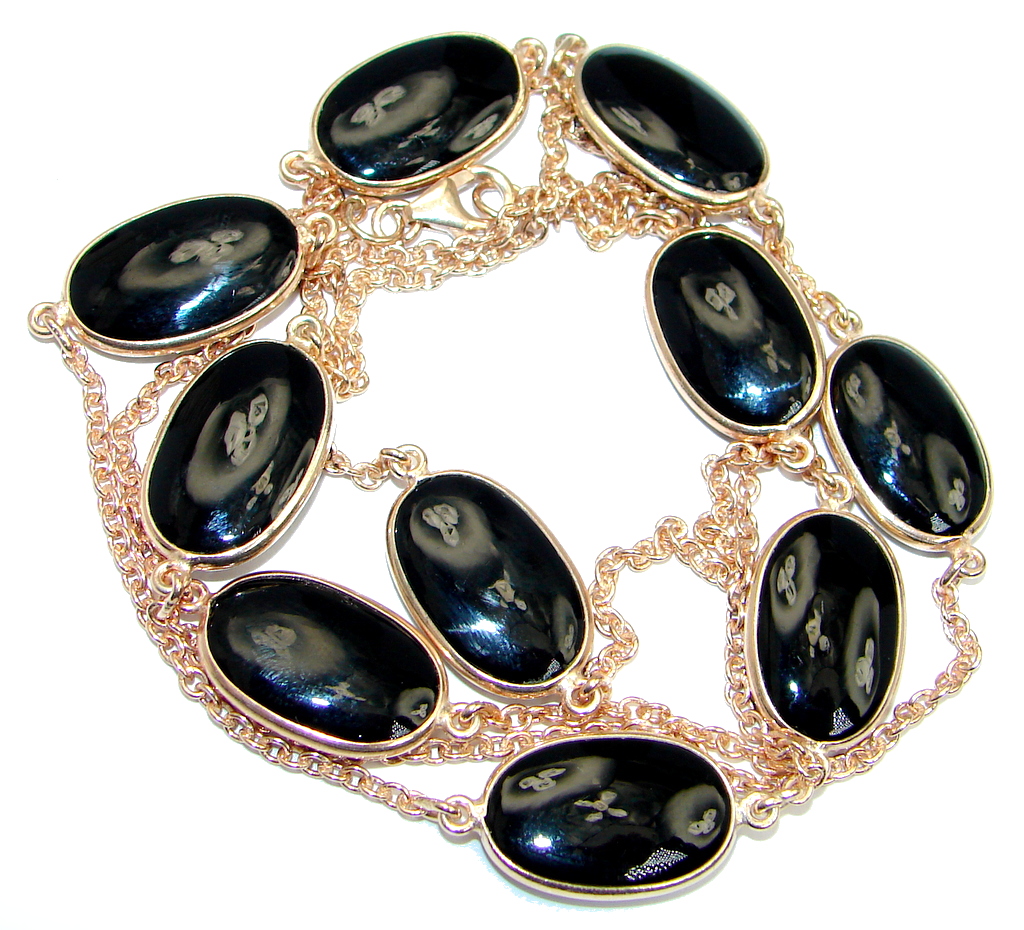 36 inches Genuine Onyx Rose Gold over Sterling Silver Necklace