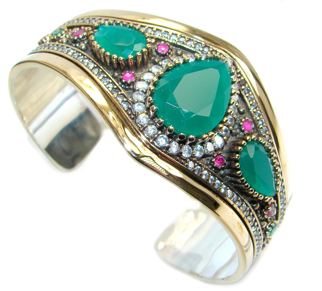 Victorian Style Created Emerald & White Topaz copper covered Sterling Silver Bracelet / Cuff