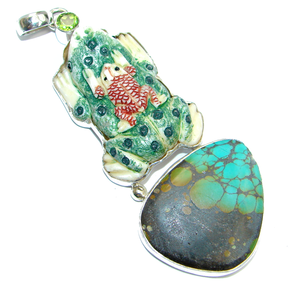 Turquoise carved Camel Bone Peridot Sterling Silver Pendant