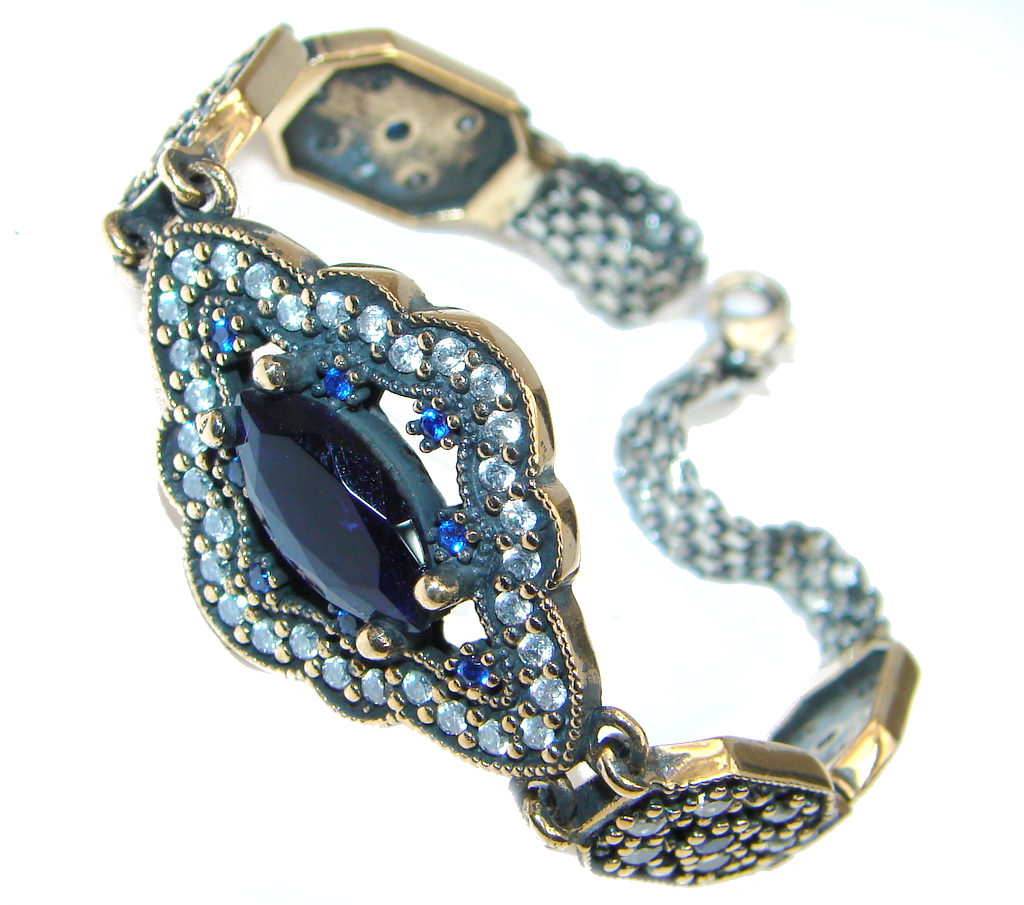 Victorian Style created Sapphire & White Topaz copper over Sterling Silver Bracelet