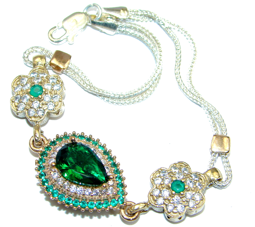 Victorian Style created Emerald & White Topaz Sterling Silver Bracelet