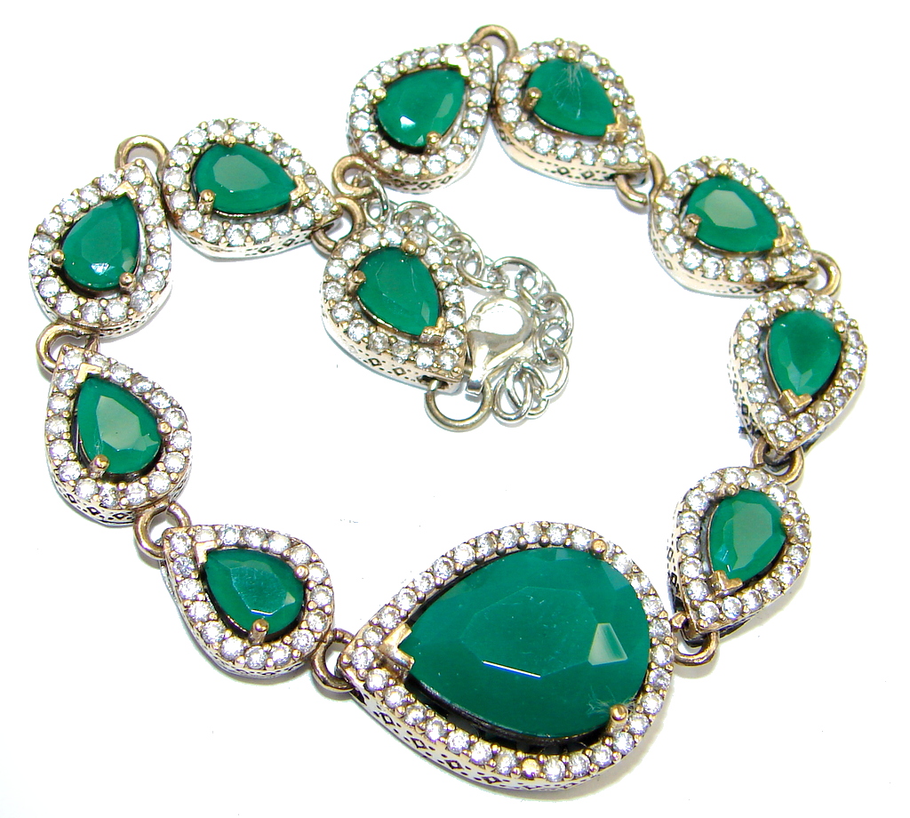 Victorian Style created Emerald & White Topaz Sterling Silver Bracelet
