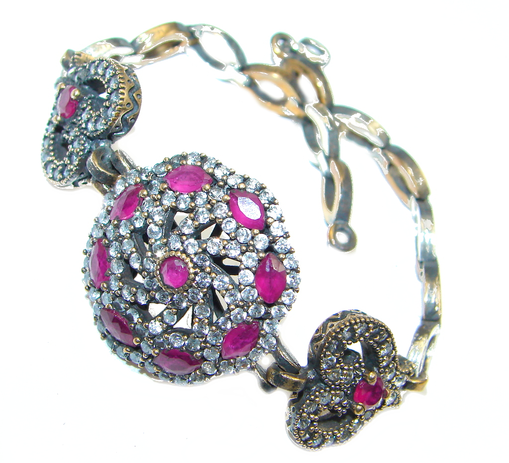 Victorian Style created Red Ruby & White Topaz copper over Sterling Silver Bracelet