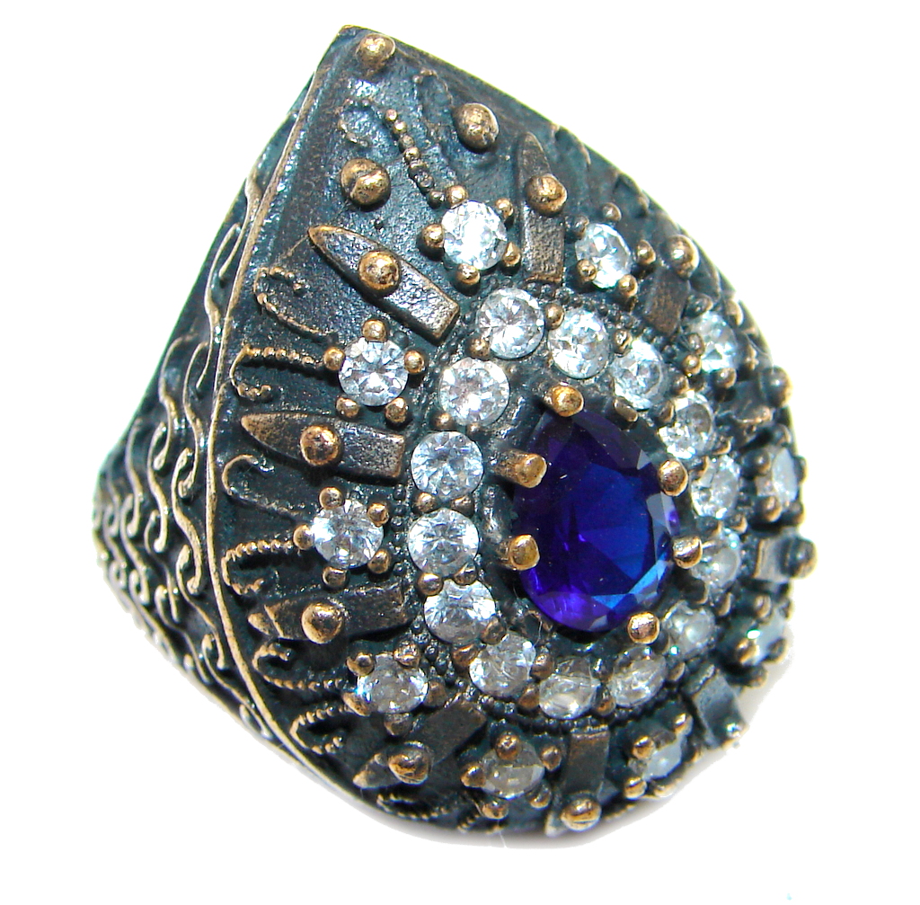 Victorian Style Created Blue Sapphire & White topaz Sterling Silver Ring s. 5 1/2