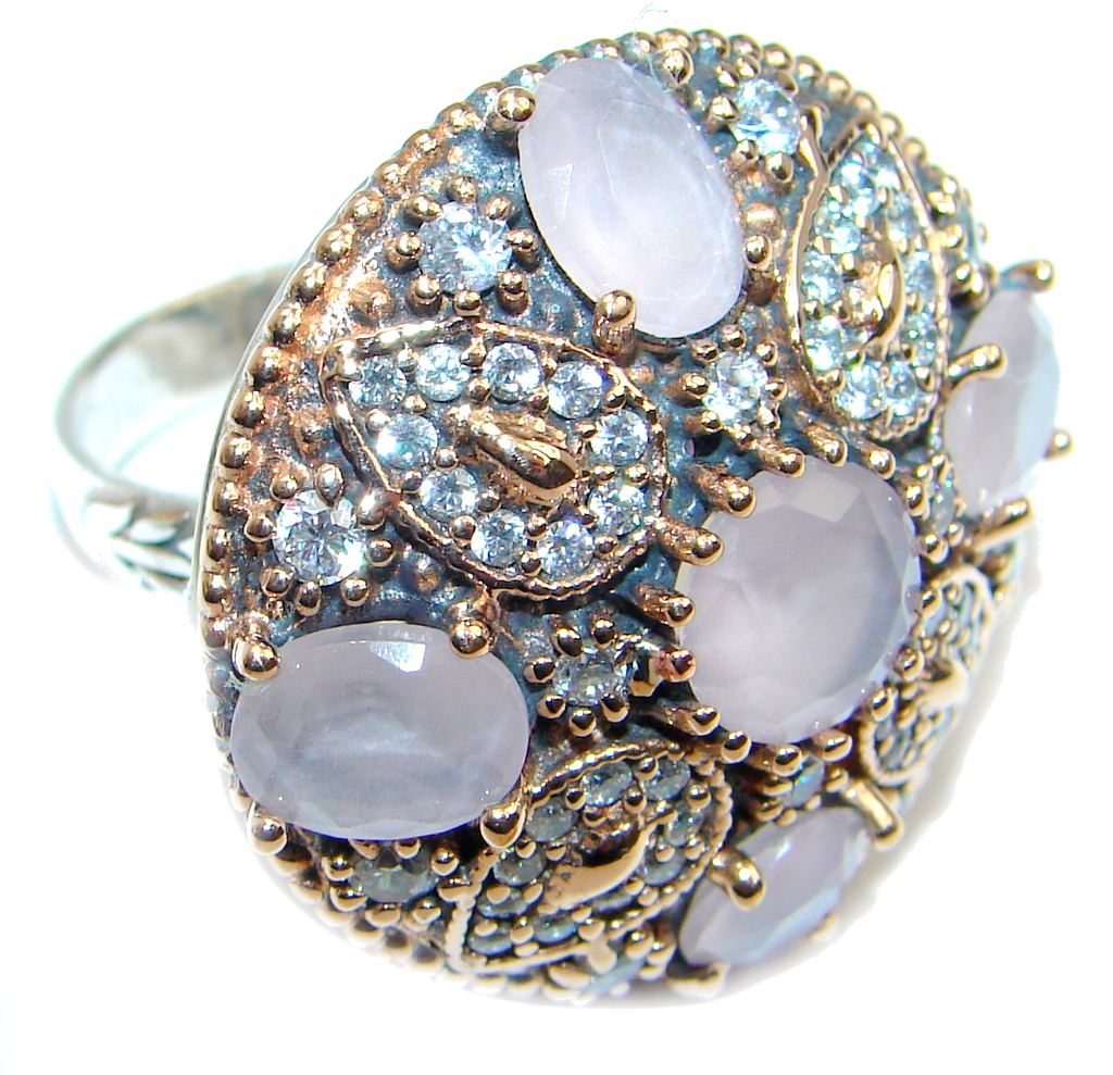 Amazing Rose Quartz Gold Rhodium plated over Sterling Silver ring s. 8