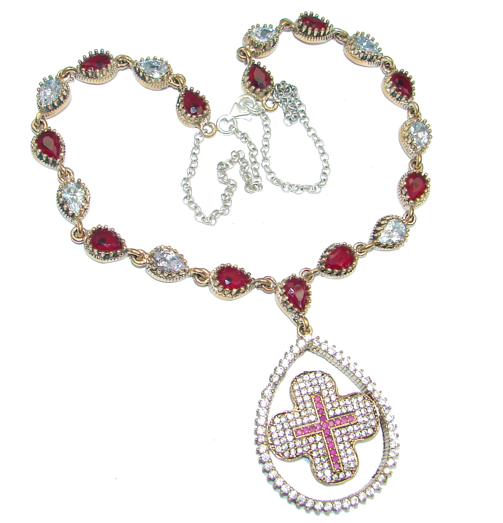 Elegant Victorian Style created Ruby & White Topaz copper over Sterling Silver necklace
