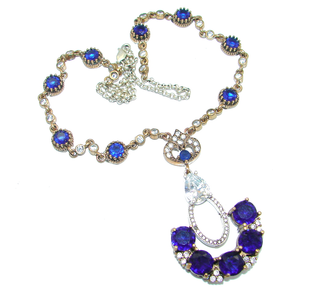 Elegant Victorian Style created Sapphire & White Topaz copper over Sterling Silver necklace