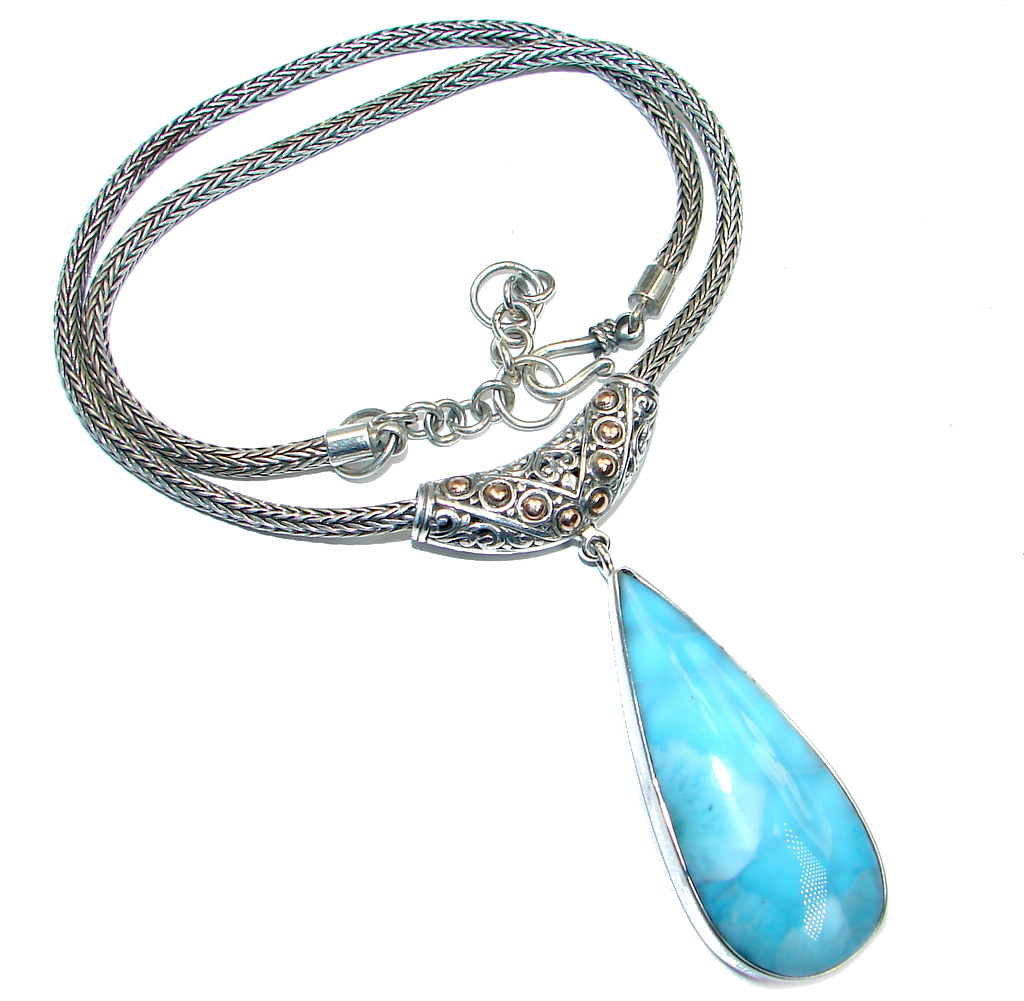 Caribbean Blue Larimar Two Tones Sterling Silver handcrafted necklace