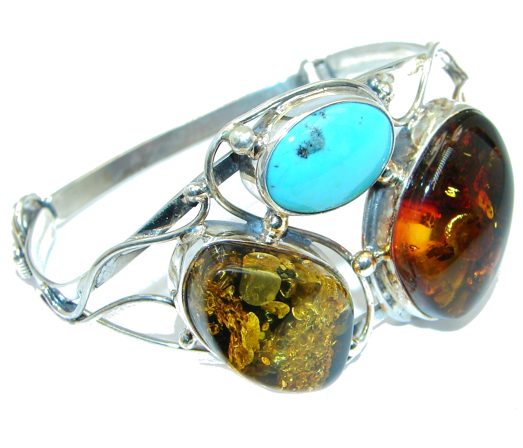 Beautiful Genuine Handcrafted Polish Amber Turquoise Sterling Silver Bracelet / Cuff