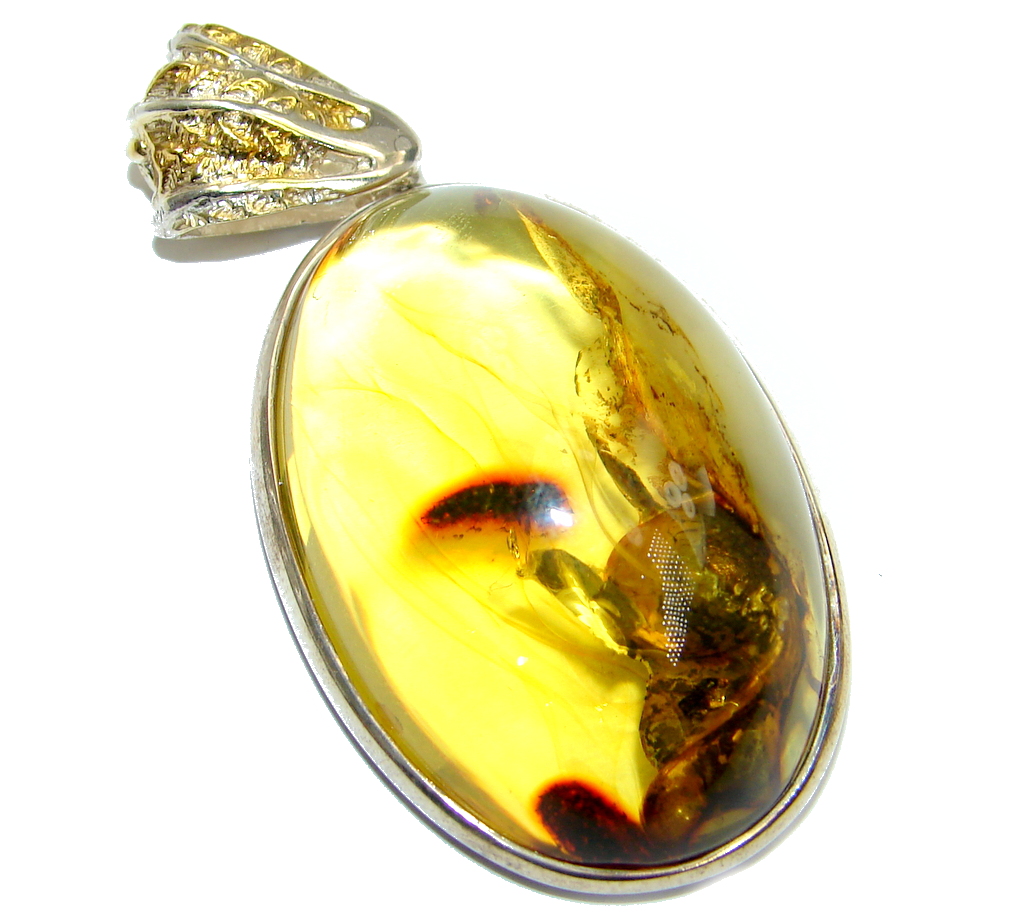 Vintage Design natural Baltic Amber Two Tones Sterling Silver handmade Pendant