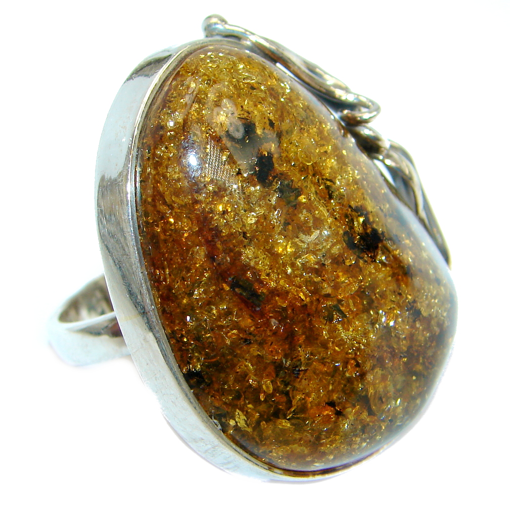 Huge Genuine Baltic Polish Amber Sterling Silver handmade Ring size 8