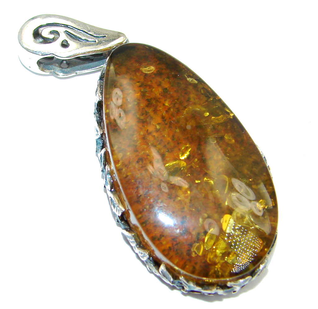 Vintage Design Golden natural Baltic Amber Sterling Silver Pendant