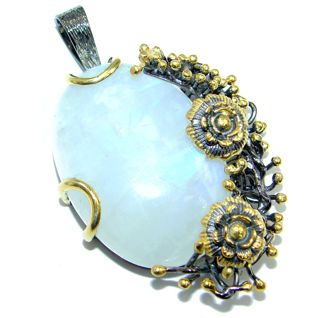 Floral Design Fire Moonstone hammered Gold plated over Sterling Silver Pendant