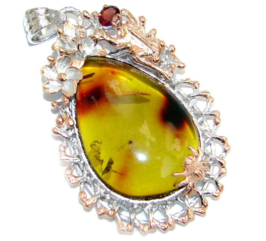 Vintage Design natural Green Baltic Amber Sterling Silver handmade Pendant