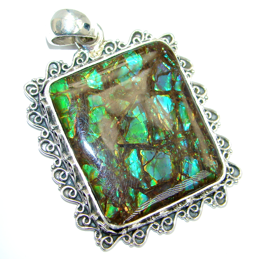 Natural AAA+ Canadian Ammolite from Aurora Ammolite Mine in Alberta Sterling Silver handmade Pendant