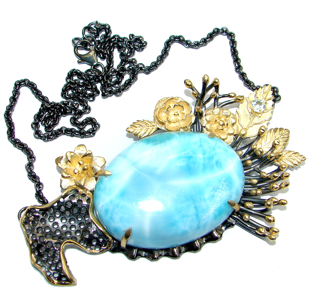 Natural AAA+ Blue Larimar Swiss Blue Topaz Gold plated over Sterling Silver handmade necklace
