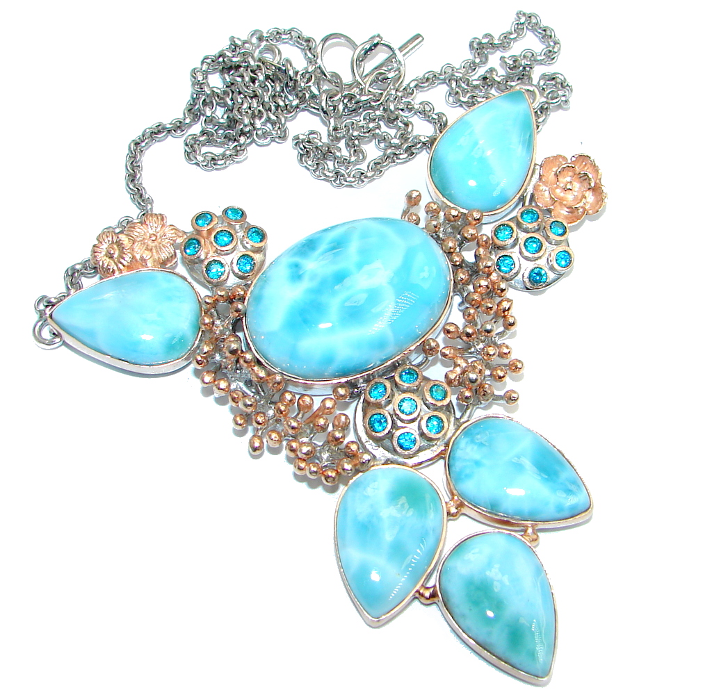 Magic Reef Larimar Swiss Blue Topaz Rose Gold Rhodium over Sterling Silver handmade necklace