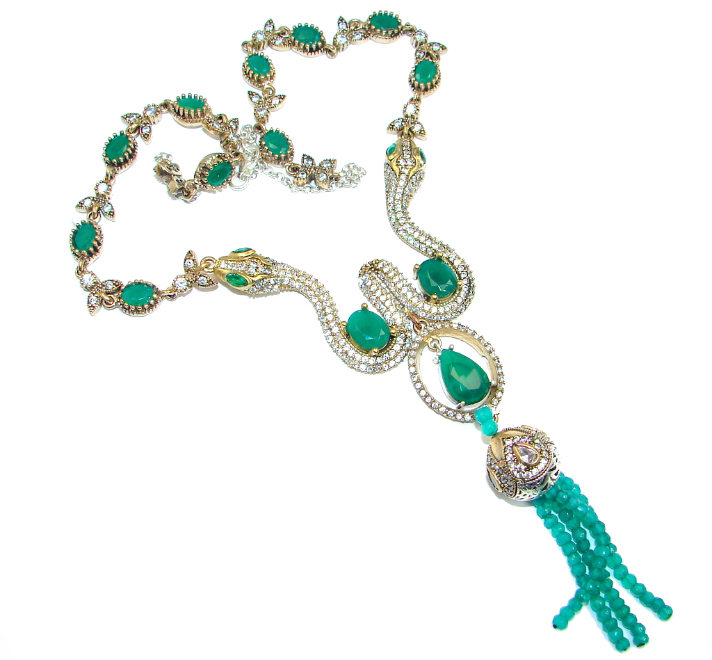 Snakes Victorian Style created Emerald & White Topaz copper over Sterling Silver necklace