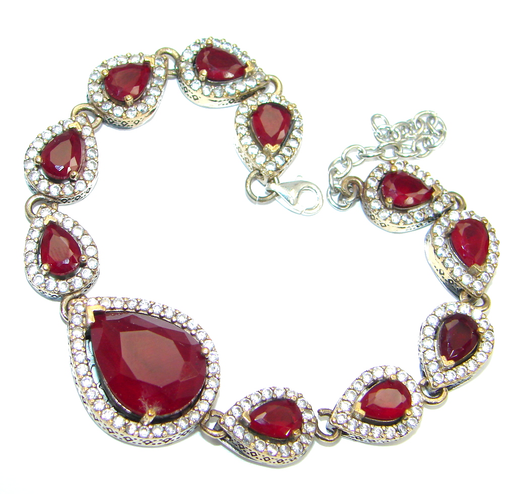 Victorian Style created Red Ruby & White Topaz copper over Sterling Silver Bracelet