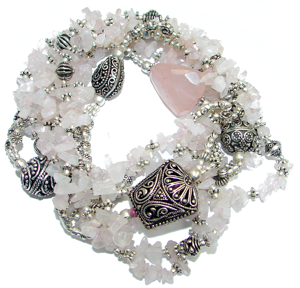 36 inches Rose Quartz Sterling Silver handmade Necklace
