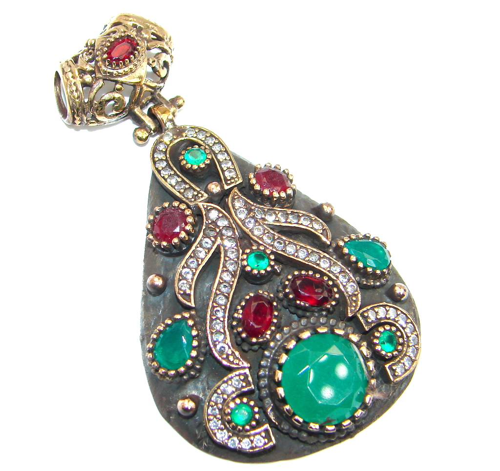 Victorian Style created Emerald Two tones Sterling Silver Pendant