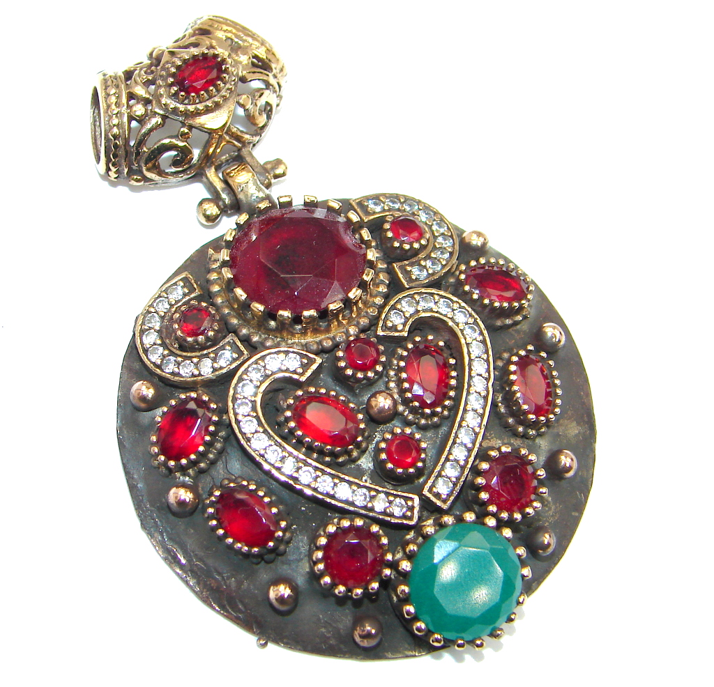Victorian Style Created Ruby & White Topaz Sterling Silver Pendant