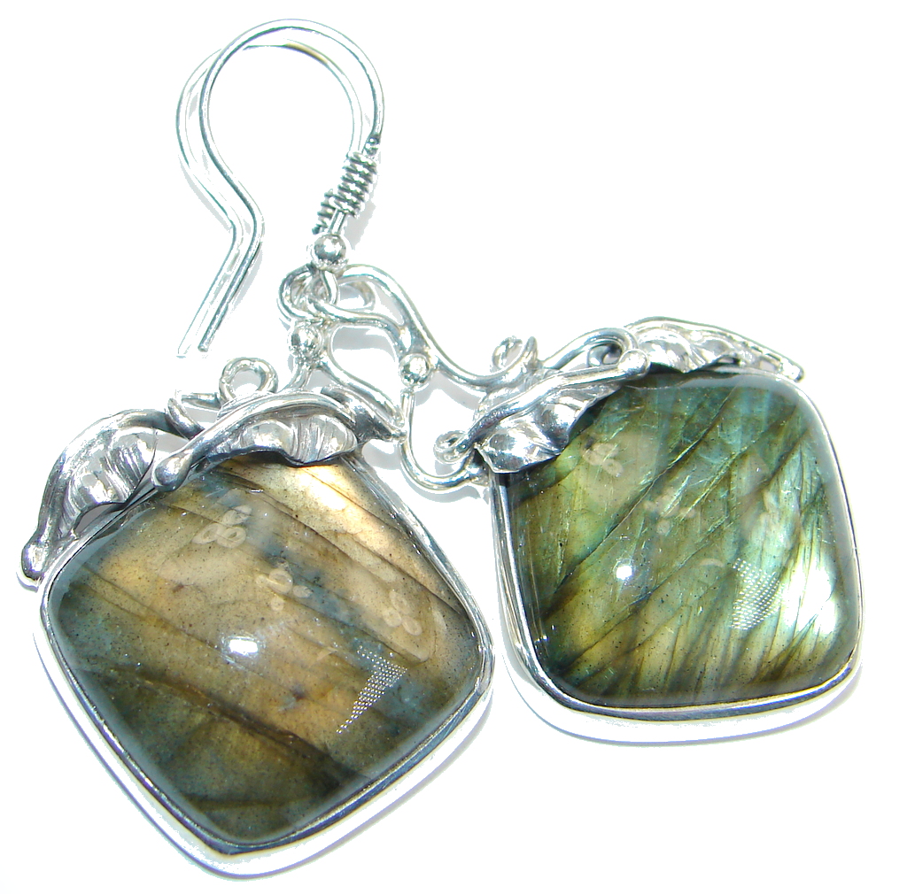 Large Vintage Design Blue Fire Labradorite Sterling Silver handmade earrings