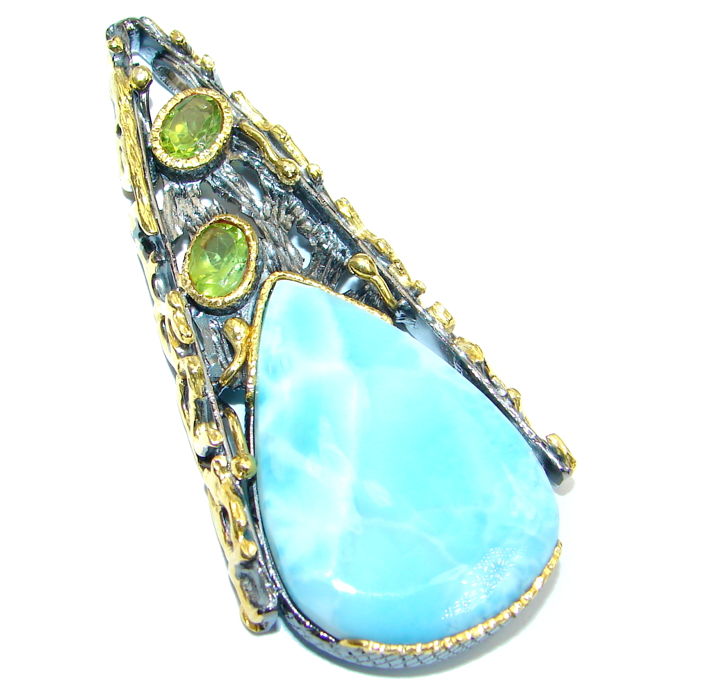 Genuine Blue Larimar Peridot Gold plated Sterling Silver handmade Pendant