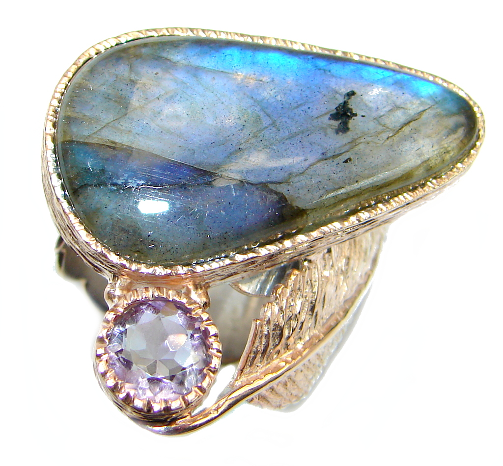 Blue Aura Fire Labradorite Amethyst Rose Gold plated over Sterling Silver ring size 8