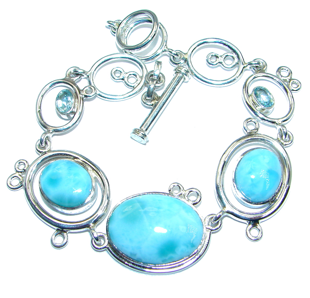 Natural AAA Blue Larimar Swiss Blue Topaz Sterling Silver handmade Bracelet