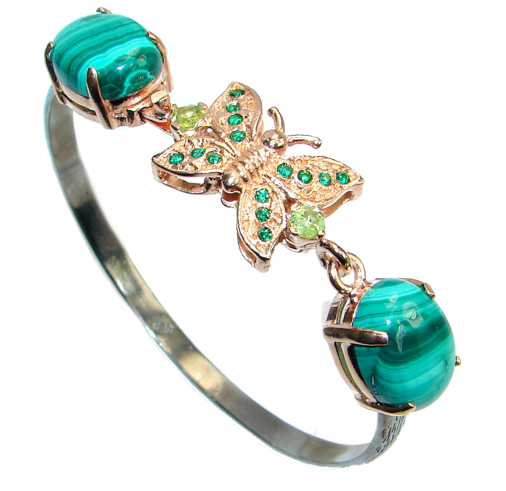 Natural Malachite Gold Rhodium plated over Sterling Silver handcrafted Bracelet / Cuff