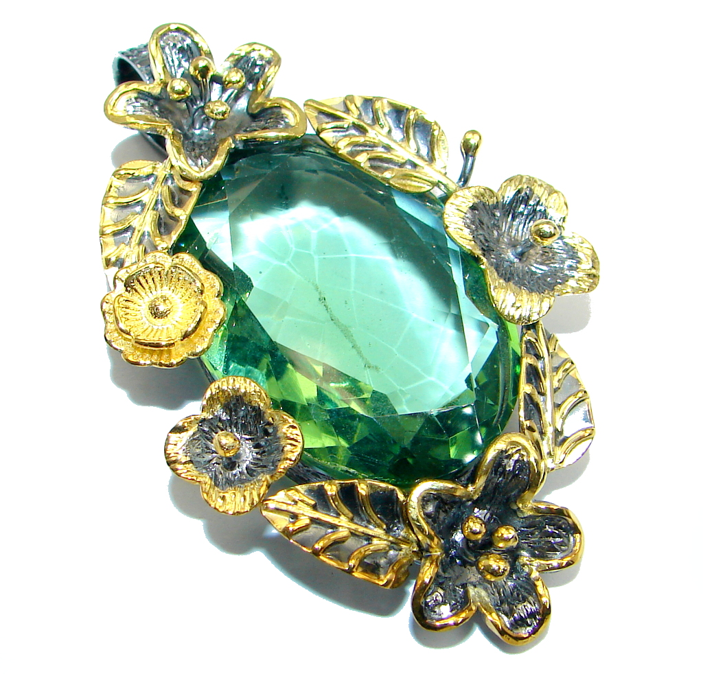 Floral Vintage Style created Emerald Two tones Sterling Silver Pendant