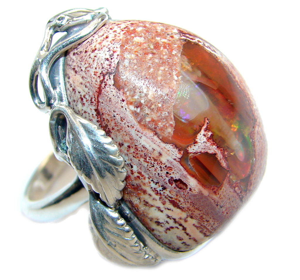 AAA+ Mexican Fire Opal Oxidized Sterling Silver handmade Ring size adjustable