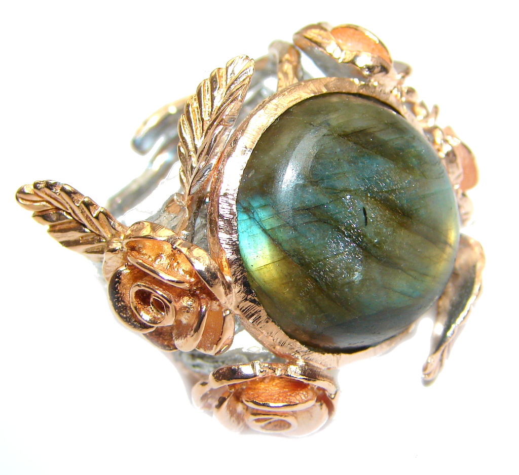 Blue Aura Fire Labradorite Rose Gold plated over Sterling Silver ring size adjustable